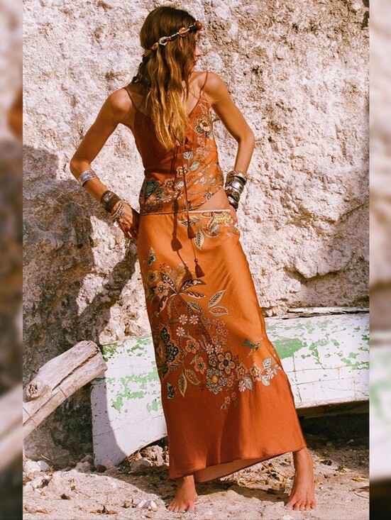 Spell Dresses & Skirts - Free People X Spell Mojave Lily Bias Skirt Amber Brown Burnt Orange Size Large